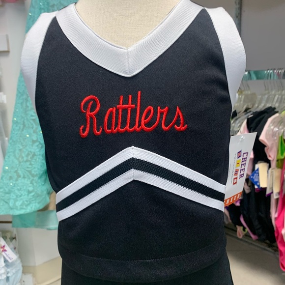 Childs Size 5 Black Red & White Rattlers Logo Cheerleader 2 Pc Uniform Set NWT - Picture 2 of 3